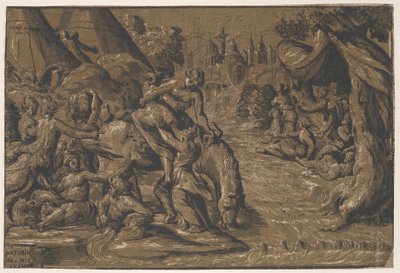 Cloelia den romerske helt i centrum bliver hjulpet op på en hest, Rom i baggrunden,..., 1540-50 af Niccolo Vicentino