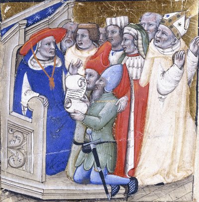 En kardinal, der sidder i dom over en biskop, anklaget af to lægmænd, ca. 1380 (maling og bladguld på vellum) af Niccolo di Giacomo