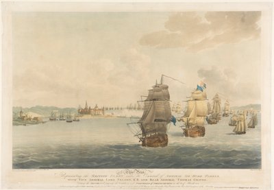 Efter Pocock, dette tryk forestiller den britiske flåde under kommando af admiral Sir Hyde Parker, med viceadmiral Lord Nelson, K.B. og kontreadmiral Thomas Graves. af Nicholas (after) Pocock