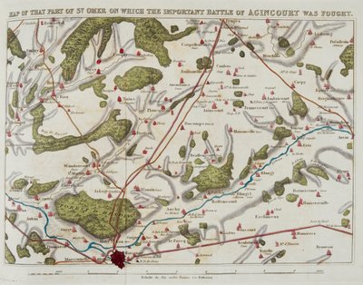 Kort over den del af St. Omer, hvorpå det vigtige slag ved Agincourt blev udkæmpet, illustration fra 