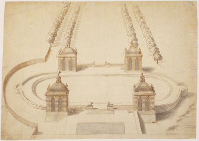 Design til en Bowling Green, Hampton Court, ca. 1689-91 (pen og brunt blæk, vask og grafit på papir) af Nicholas Hawksmoor