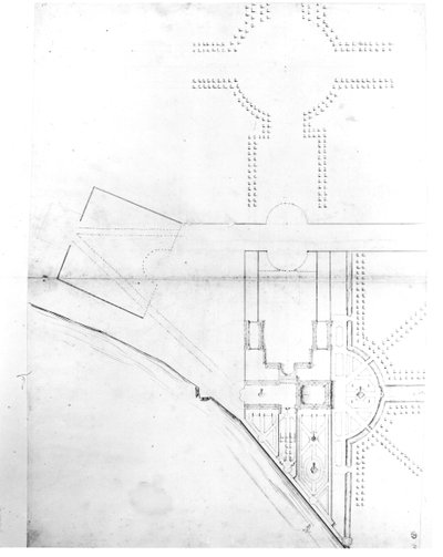 Planlægning af plan I, Hampton Court, 1689 (pen og blæk og blyant på papir) af Nicholas Hawksmoor