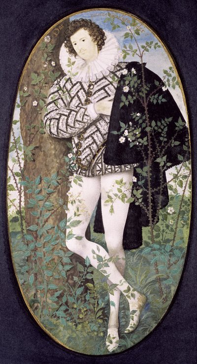 En ung mand læner sig op ad et træ blandt roser (kropsfarve på vellum) af Nicholas Hilliard