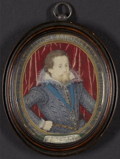 James I af England og VI af Skotland, ca. 1610 (w/c, gouache og guld, pen og sort blæk på vellum) af Nicholas Hilliard