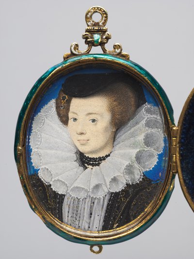 Portrait of a Woman, ca. 1593 (akvarel på vellum i en medaljonsramme af guld og emalje) af Nicholas Hilliard