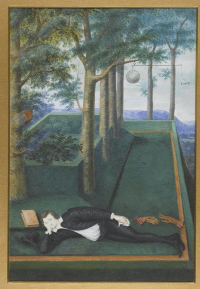 Portræt af en liggende adelsmand i en forvokset hof; Portræt af Henry Percy, 9. jarl af Northumberland af Nicholas Hilliard