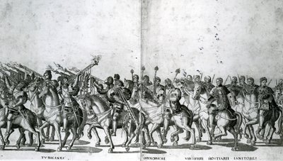 Tavle 12 og 13 af pave Clemens VII og kejser Karl Vs indtog i Bologna den 24. februar 1530, offentliggjort ca. 1530 af Nicholas Hogenberg