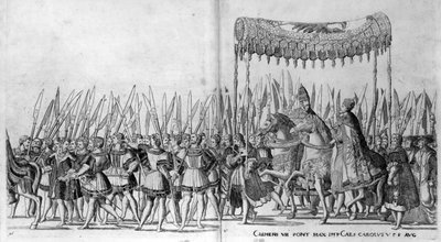 Pave Clemens VII og kejser Karl Vs indtog i Bologna den 24. februar 1530, plade 27, ca. 1530 af Nicholas Hogenberg