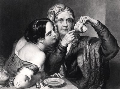 Forudsige fremtiden ved at læse kaffegrums, indgraveret af Charles William Sharpe (1818-99) af Nicholas Joseph Crowley