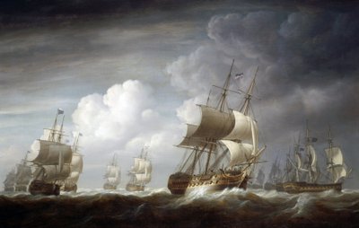 En flåde af indianerskibe, britiske skibe fra det ostindiske handelskompagni. Olie på lærred af Nicholas Pocock