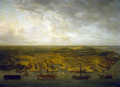 Havnen og havnen i Plymouth (England). Olie på lærred af Nicholas Pocock