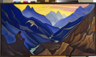 Mesterens kommandoer. (Mesterens kommando). En mand, der sidder i meditation i et bjergrigt landskab i Tibet, svæver over af en stor hvid fugl, buddhistisk spiritualitet. Værk af Nicholas Roerich (1874-1947), tempera på lærred af Nicholas Roerich