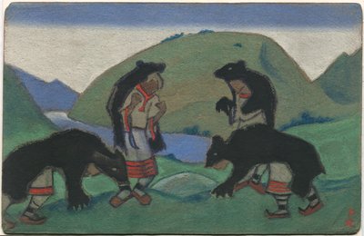 Ældste i bjørneskind, indretning og kostumedesign til Stravinskys ballet "Le Sacre du Printemps", 1944 af Nicholas Roerich