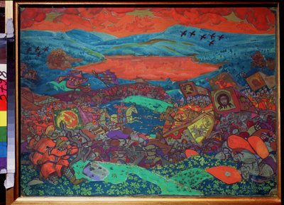 Slaget ved Kerjenets. (inspireret af operaen ""The Legend of the Invisible City of Kitege and the Virgin Fevronia (The Legend of the Invisible City of Kitege and the Virgin Fevronia)"" af Nicolas (Nikolai) Rimski Korsakov (Rimski-Korsakov) (Rimsky K) .) af Nicholas Roerich