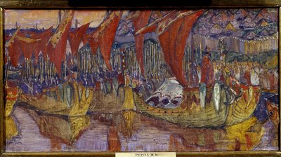 Kampagnen i Chersonessos af Vladimir den Store (eller Helgenen eller den røde sol, Vladimir I Sviatoslavitch fra Kiev, 958-1015). De røde sejl. Maleri af Nicolas Roerich (1874-1947), olie på lærred af Nicholas Roerich