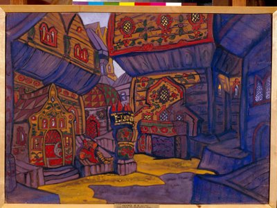 Prins Vladimir Galitskys hof. Udsmykning til operaen ""Prins Igor"" af Alexandre Borodin (Borodin) (1833-1887). Værk af Nicolas (Nicholas) Roerich (1874-1947), gouache og tempera på papir af Nicholas Roerich