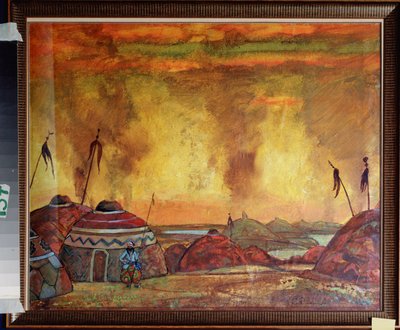 Polovtsien-lejren (eller Couman, Kouman). Forberedende indretning til operaen ""Prins Igor"" af Alexandre Borodin (Borodin) (1833-1887). Værk af Nicolas (Nicholas) Roerich (1874-1947), tempera på papir af Nicholas Roerich