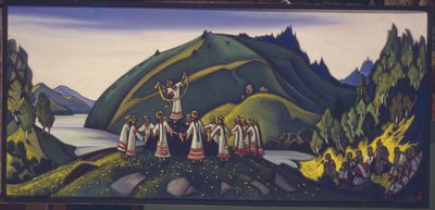 Scenedesign til balletten The Rite of Spring Le Sacre du Printemps af I. Stravinsky, 1945 af Nikolai Konstantinowitsch Roerich