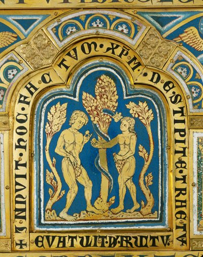 Eva rækker Adam æblet ... (emalje på forgyldt kobber) af Nicholas of Verdun