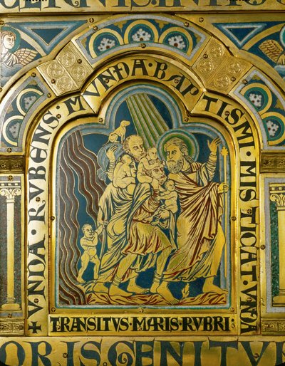 Moses leder Israels børn gennem Det Røde Hav (champsleve-teknik, emalje på forgyldt kobber) af Nicholas of Verdun