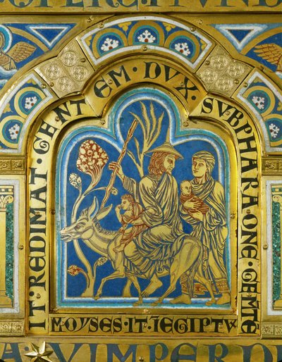 Moses vender tilbage til Egypten med sin kone Zipporah og to sønner ... (emalje på forgyldt kobber) af Nicholas of Verdun
