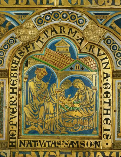 Samsons fødsel, Manoah med en middelalderlig jødehat ... (emalje på forgyldt kobber) af Nicholas of Verdun
