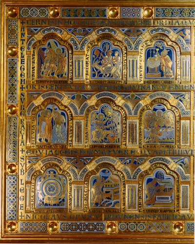 Verdun-alter lavet i guld og emalje af Nicholas af Verdun (ca. 1130/50-1205): scener fra Det Gamle og Nye Testamente (krydser Det Røde Hav, Kong Melkisedek), Kristi dåb, t. af Nicholas of Verdun
