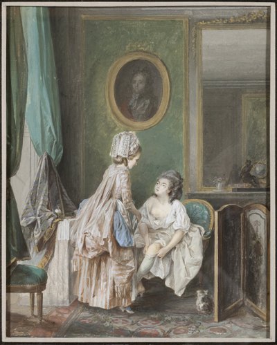 Kvinde tager sine strømper på - Kvinde trækker i sin strømpe, af Lafrensen, Niclas (Nicolas Lavreince) (1737-1807). Gouache på papir af Niclas II Lafrensen
