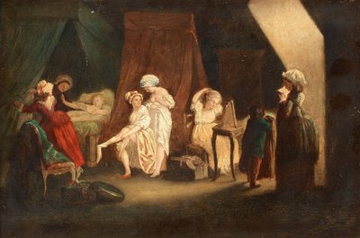 Lever des ouvrieres en mode, af Lafrensen, Niklas (Nicolas Lavreince eller Lavrince) (1737-1807). Olie på træ, størrelse: 27x39, , Privat samling af Niclas II Lafrensen