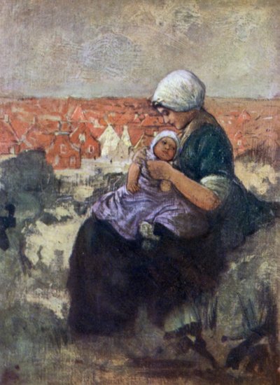 Mor og barn af Scheveningen (farve litho) af Nico Jungman
