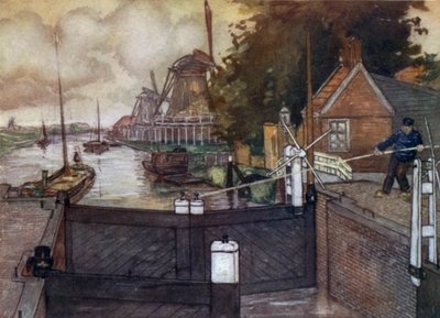 Noordervaldeursluis, Zaandam (farve litho) af Nico Jungman