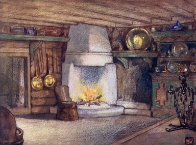Norge: A Cottage Interiør, Telemarken (farve litho) af Nico Jungman