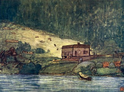 Norge: En lille gård ved flodbredden ved Gjora (farve litho) af Nico Jungman