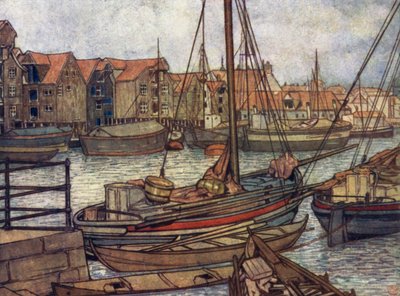 Norge: Bergens både og varehuse (farve litho) af Nico Jungman