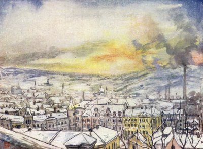 Norge: Christiania i fugleperspektiv (farve litho) af Nico Jungman