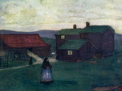 Norge: Bondegårde bygget af polakker (farve litho) af Nico Jungman