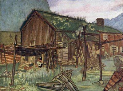Norge: Fiskenet ved Sundalsoren (farve litho) af Nico Jungman