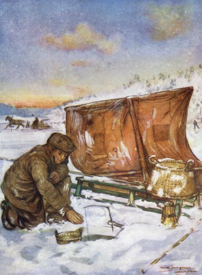 Norge: Fiskeri gennem isen på Christiania Fjord (farve litho) af Nico Jungman