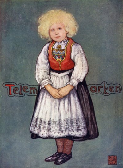 Norge: Lille pige fra Telemarken (farve litho) af Nico Jungman