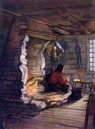 Norge: Making the Dinner, a Cottage Interiør på Saelbo (farve litho) af Nico Jungman