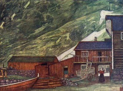 Norge: På fjorden, Sundalsoren (farve litho) af Nico Jungman