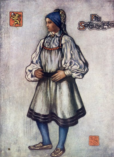 Norge: Saetersdalen Bondepige (farve litho) af Nico Jungman