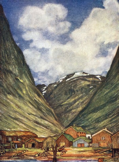 Norge: Sneklædt bjerg ved Sundalsoren (farve litho) af Nico Jungman