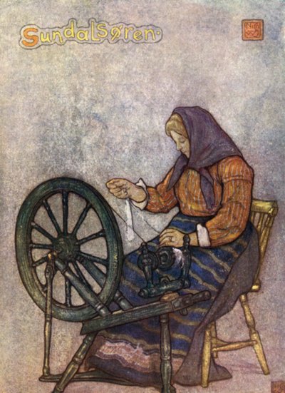 Norge: Woman Spinning, Sundalsoren (farve litho) af Nico Jungman
