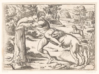 Milo af Croton angrebet af en løve af Nicolò Boldrini (attributed to)