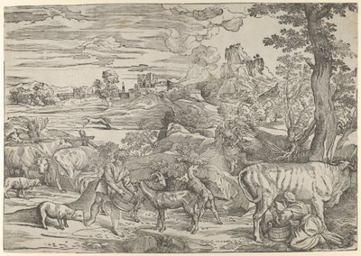 Landskab med en malkepige til højre og en dreng til venstre, ca. 1535-40., ca. 1535-40. af Nicolò Boldrini
