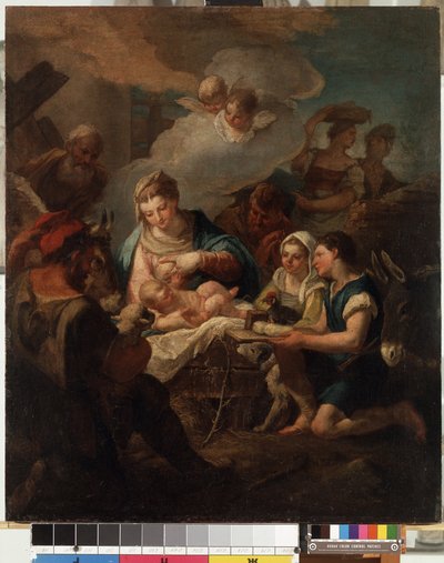 ""Tilbedelse af Kristusbarnet"" (The Adoration of the Christ Child) Maleri af Nicola Grassi (1682-1748) Mikalojus Konstantinas Ciurlionis Museum of Fine Arts fra det 18. århundrede, Kaunas, Litauen af Nicolò Grassi