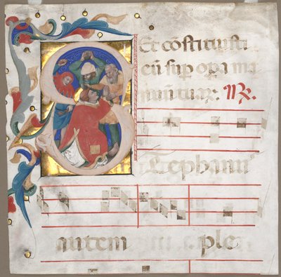Fragment af et antifonarium med historisk initial S: Steningen af St. Stephen, ca. 1370-1372. af Nicolò da Bologna