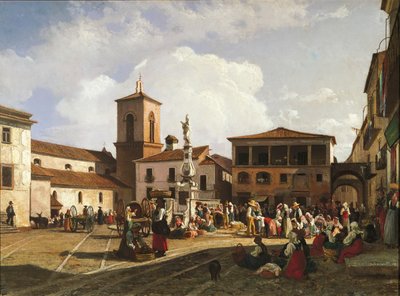 Benevento (Campania-regionen), Orsini-pladsen med katedralens klokketårn og springvandet dedikeret til pave Orsini (olie på lærred) af Nicola Palizzi