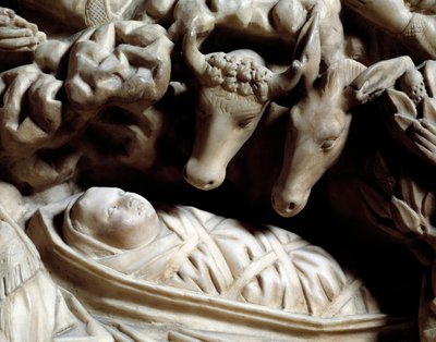 Kunst og gotisk arkitektur: Fødselen - Detalje af basreliefferne af marmorskrivebordet, som Nicola Pisano (1215/20-1278/84) lavede mellem 1266 og 1268 (Marmorprædikestoldetaljer, fødselsdag) Cathedrale Notre-Dame-de-l 